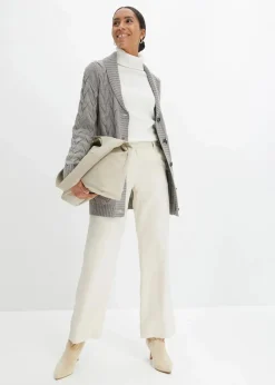 Longstrickjacke mit Schalkragen und Zopfmuster