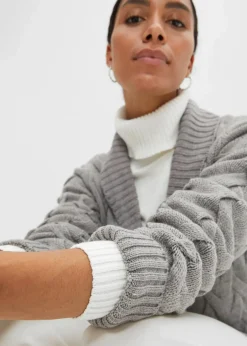 Longstrickjacke mit Schalkragen und Zopfmuster