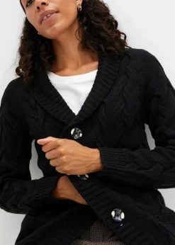 Longstrickjacke mit Schalkragen und Zopfmuster