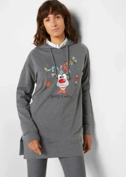 Long-Sweatshirt mit Seitenschlitz und Kapuze