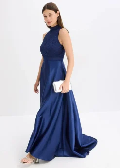 Maxikleid aus glänzendem Satin mit Spitze
