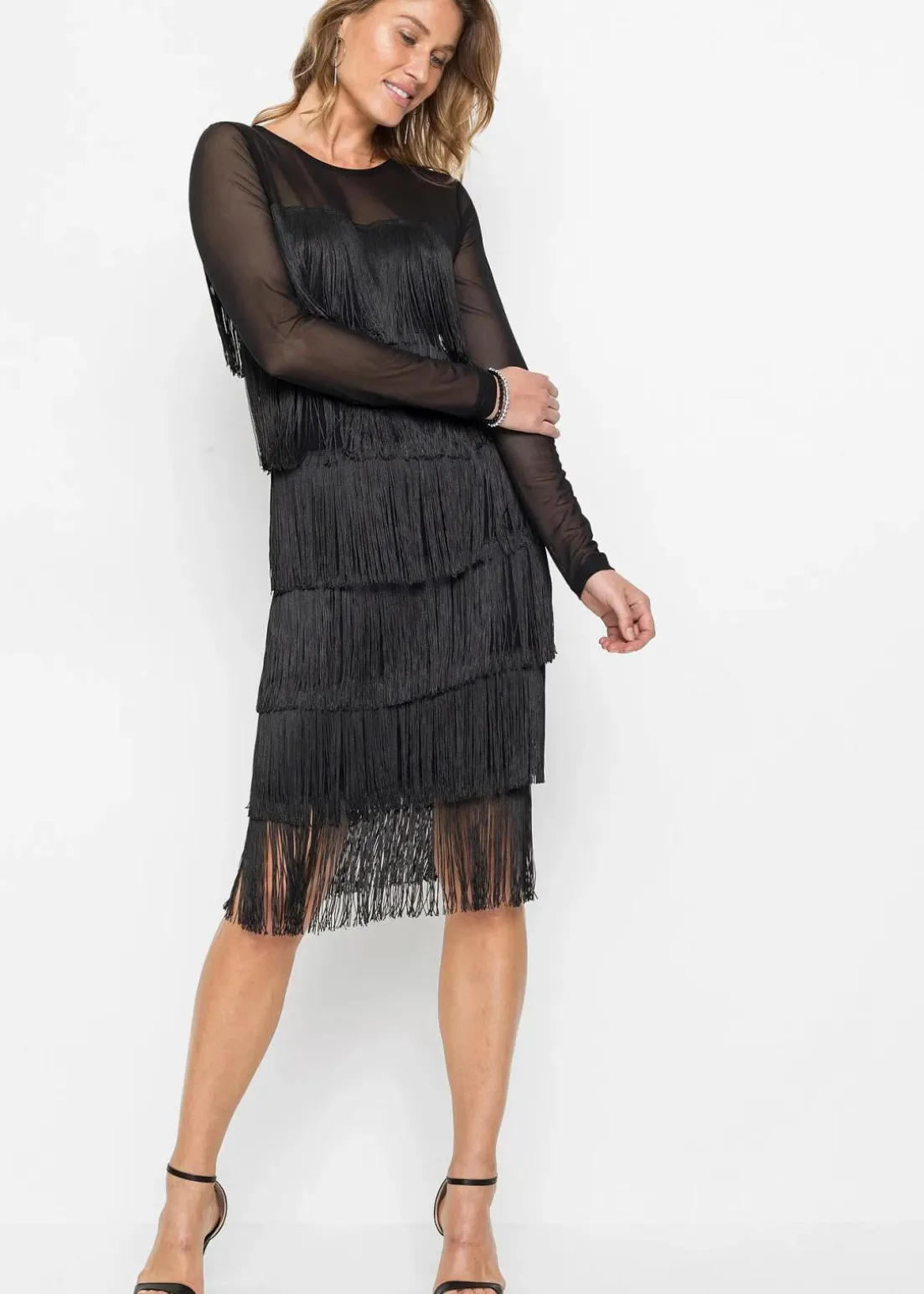 Midikleid aus luftigem Mesh mit Fransen