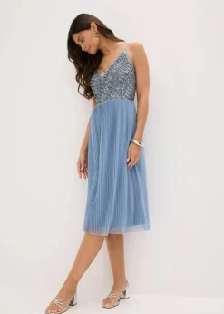 Midikleid mit Plissee-Rock und Paillettenstickerei