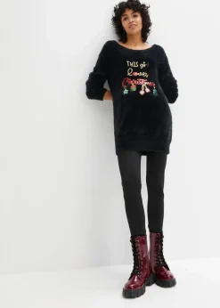 Off-Shoulder-Pullover mit Weihnachtsmotiv