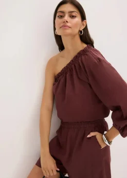 One-Shoulder Bluse mit Leinenanteil