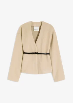 Oversized Blazer mit Gürtel in Wolloptik, ungefüttert