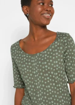 Ripp-Shirt mit Blumendruck, Halbarm