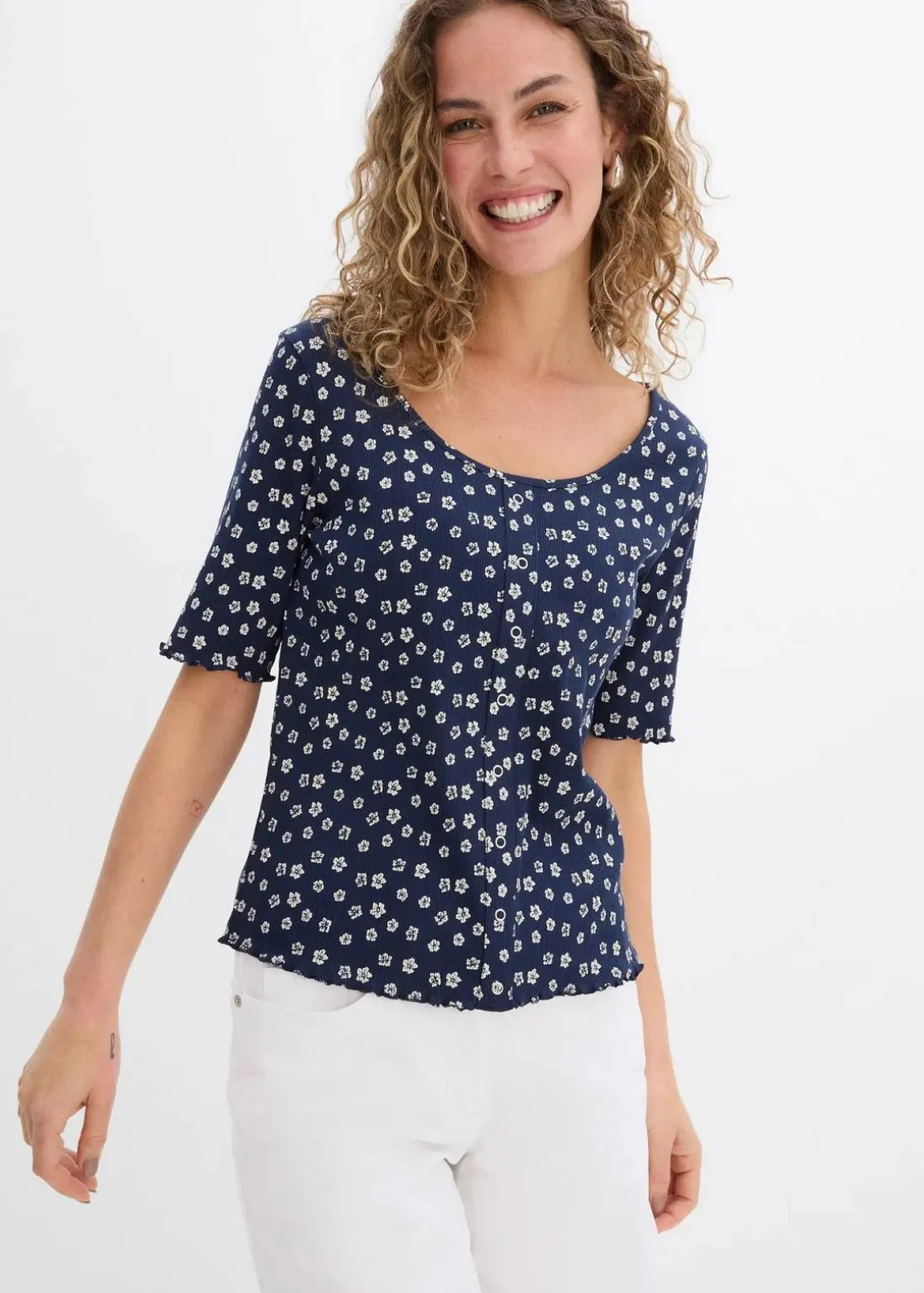 Ripp-Shirt mit Blumendruck, Halbarm