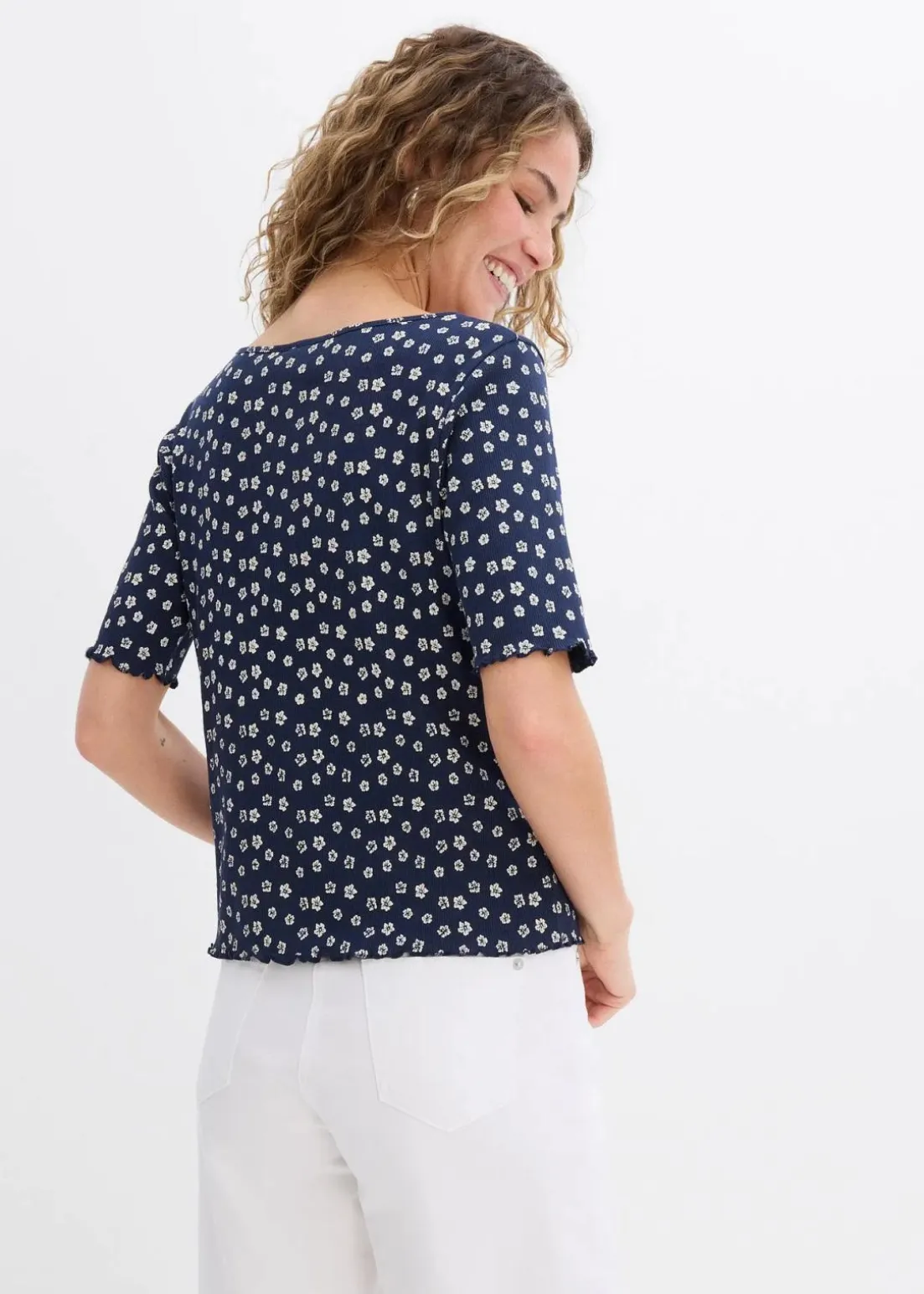 Ripp-Shirt mit Blumendruck, Halbarm