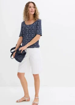 Ripp-Shirt mit Blumendruck, Halbarm