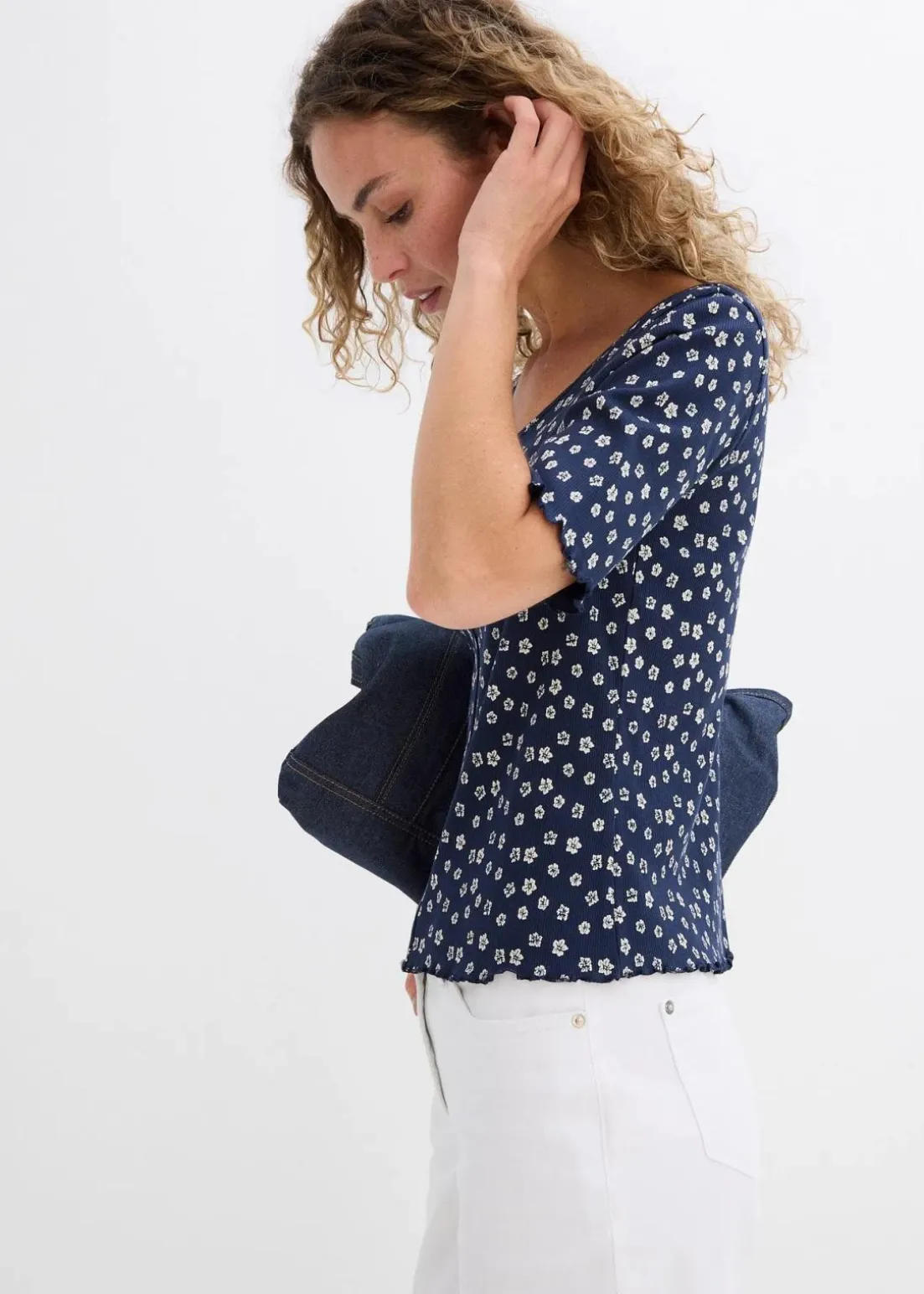 Ripp-Shirt mit Blumendruck, Halbarm