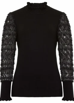 Rollkragenpullover mit dekorativen Chiffonärmeln