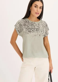 Shirt mit Webeinsatz und Glitzersteinchen