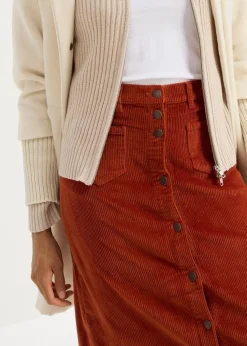 Stretch-Cordrock mit Knopfleiste, Midi-Länge