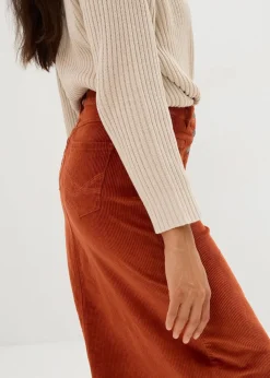 Stretch-Cordrock mit Knopfleiste, Midi-Länge