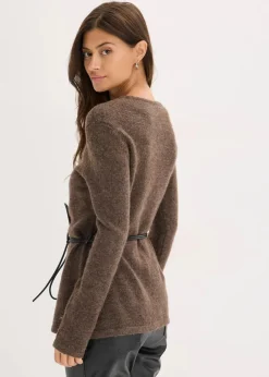 Strickshirt mit Wollanteil und Lederimitat- Bindeband