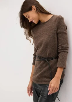 Strickshirt mit Wollanteil und Lederimitat- Bindeband