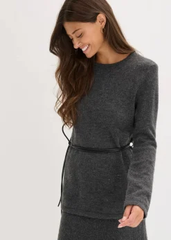 Strickshirt mit Wollanteil und Lederimitat- Bindeband