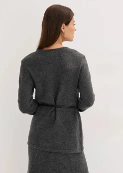 Strickshirt mit Wollanteil und Lederimitat- Bindeband