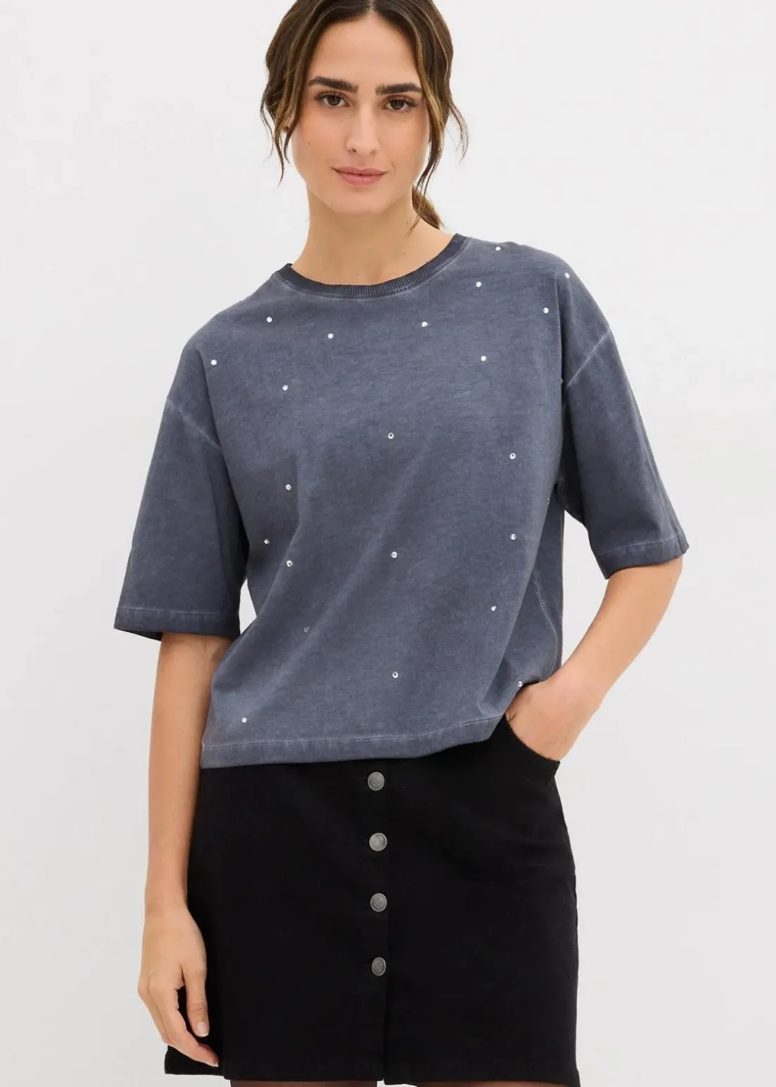 T-Shirt mit Glitzersteinen aus reiner Baumwolle