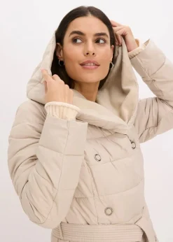 wasserabweisender Steppmantel mit Wollimitat Besatz und Bindegürtel (2-tlg.)